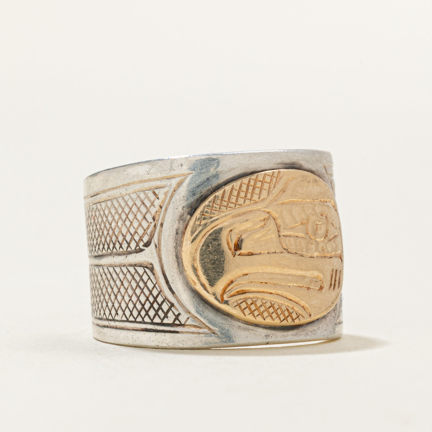Sterling Silver & 14k Indigenous Carved Eagle Ring | SZ 3.5