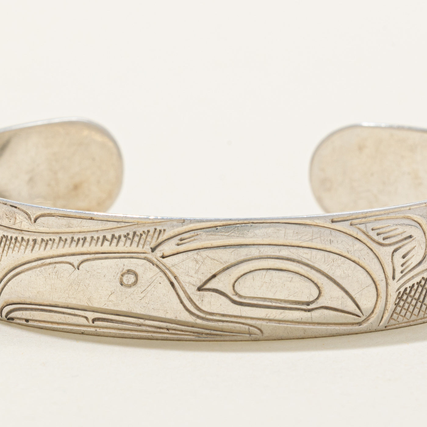 Sterling Silver Indigenous Carved Raven Cuff | 6"