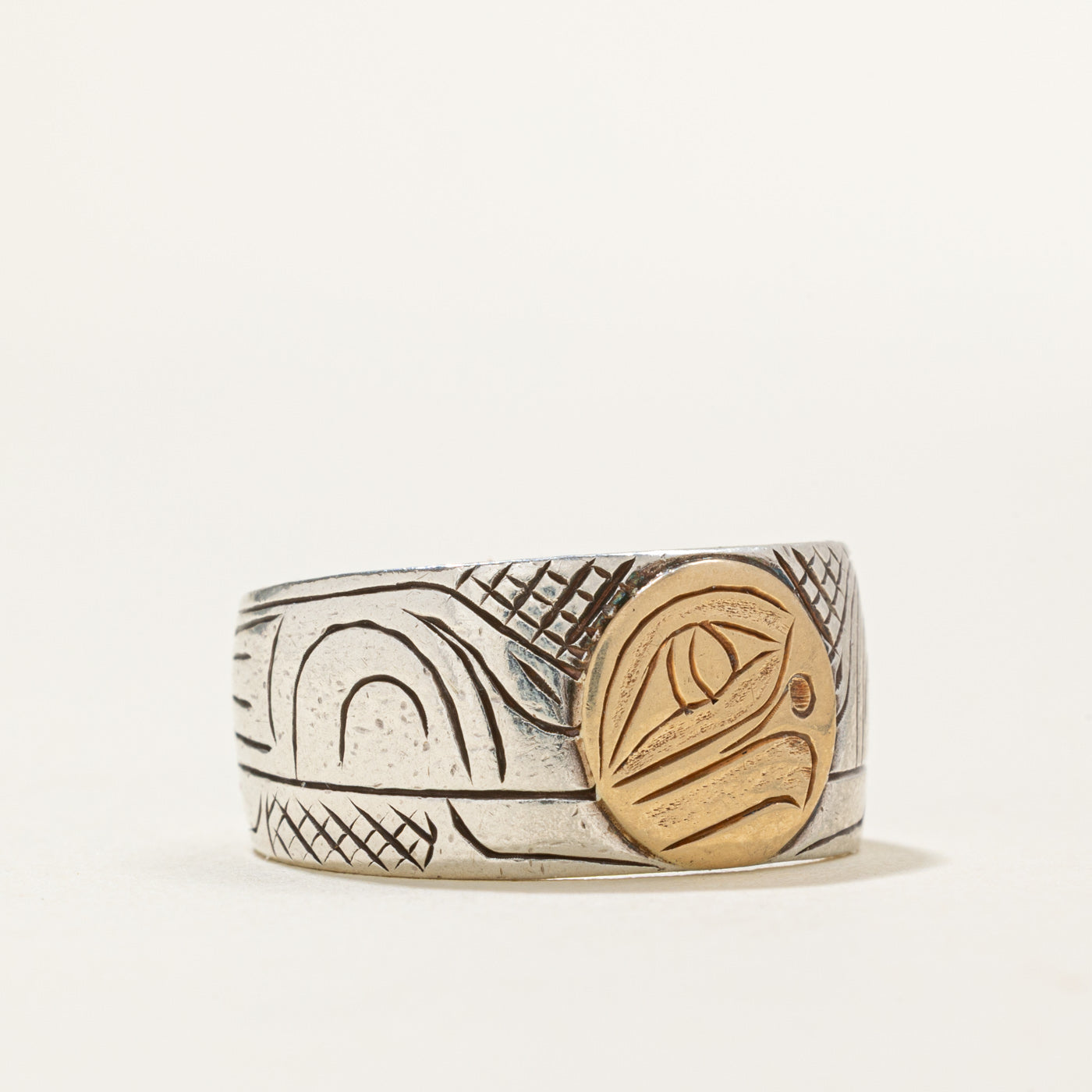 'Nancy Dawson' Sterling Silver & 14k Yellow Gold Indigenous Carved Eagle Ring | SZ 7.5