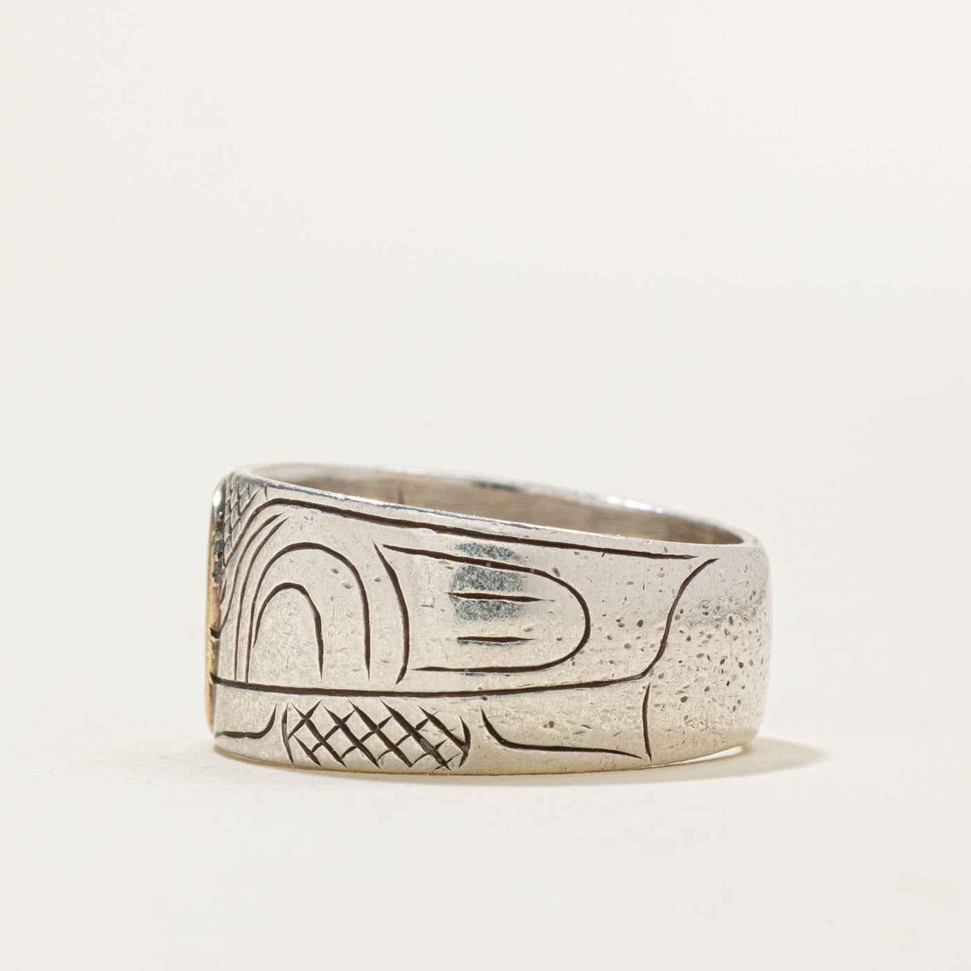 'Nancy Dawson' Sterling Silver & 14k Yellow Gold Indigenous Carved Eagle Ring | SZ 7.5