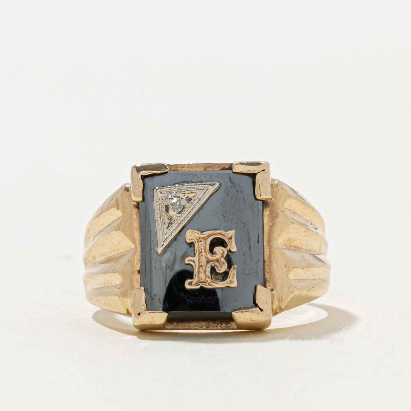 10k Hematite & Diamond "E" Initial Signet Ring | 4.00ct, 0.004ctw | SZ 8.75