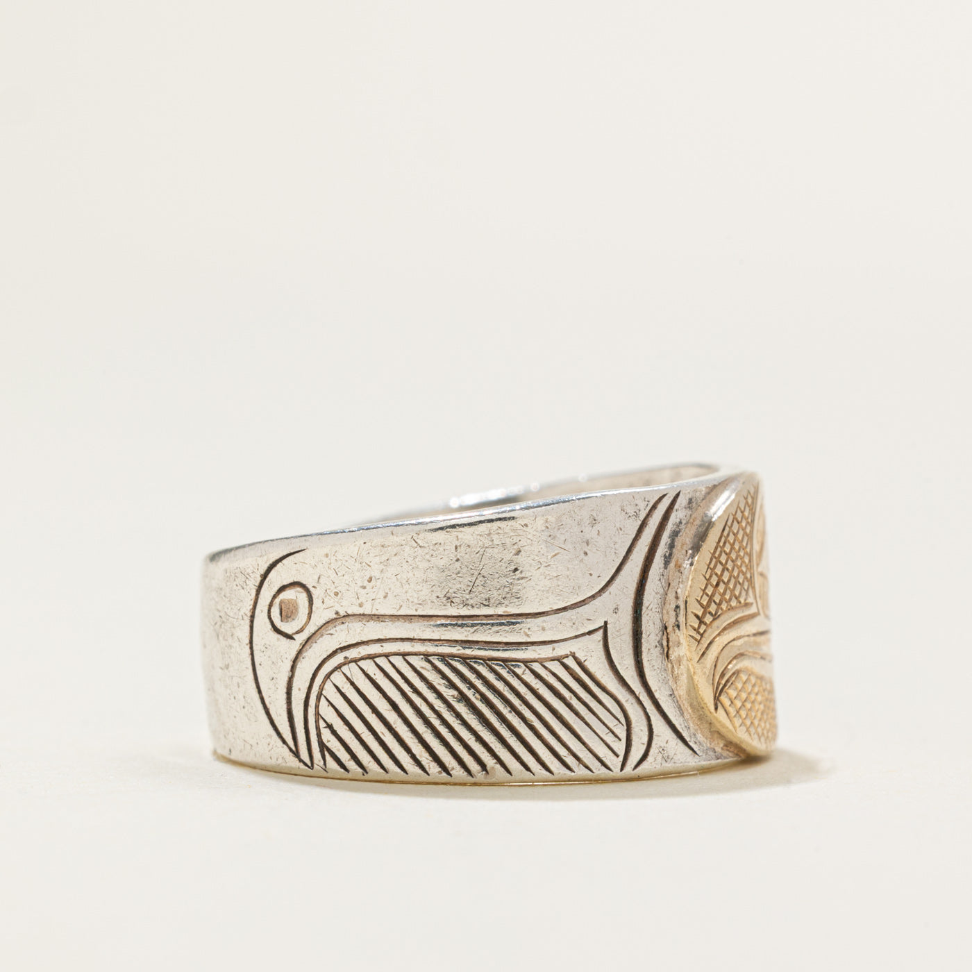 Sterling Silver & 14k Yellow Gold Indigenous Carved Eagle Ring | SZ 7.5