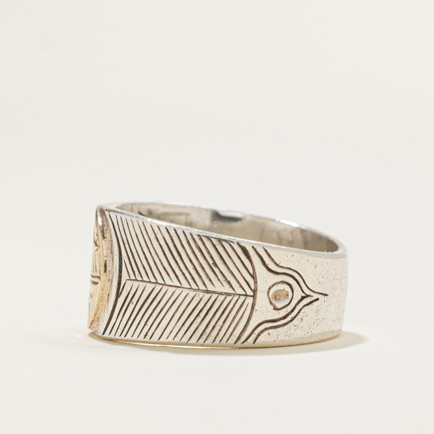 Sterling Silver & 14k Yellow Gold Indigenous Carved Eagle Ring | SZ 7.5