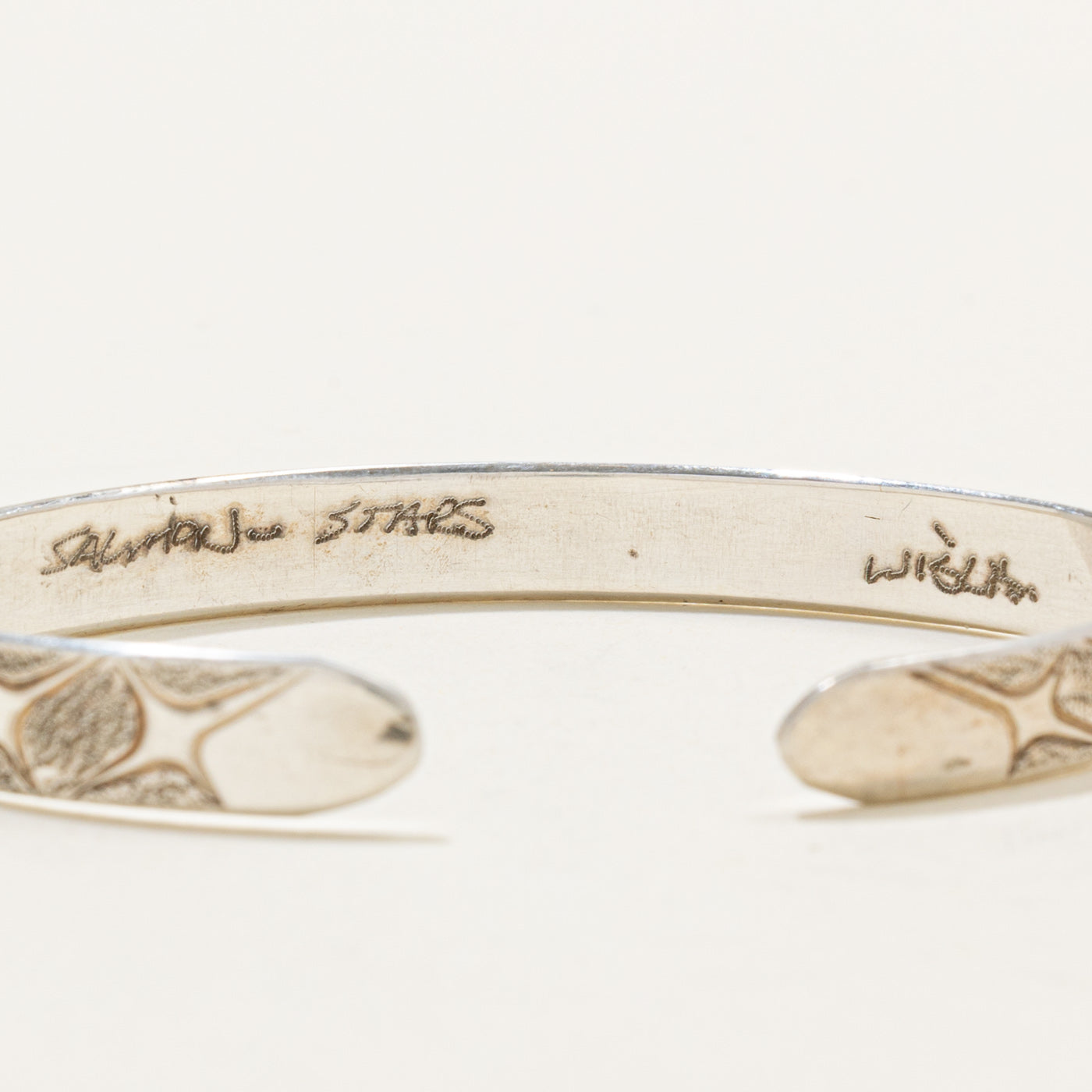 'Randy Wisla' Sterling Silver Indigenous Carved Salmon & Stars Cuff | 6"