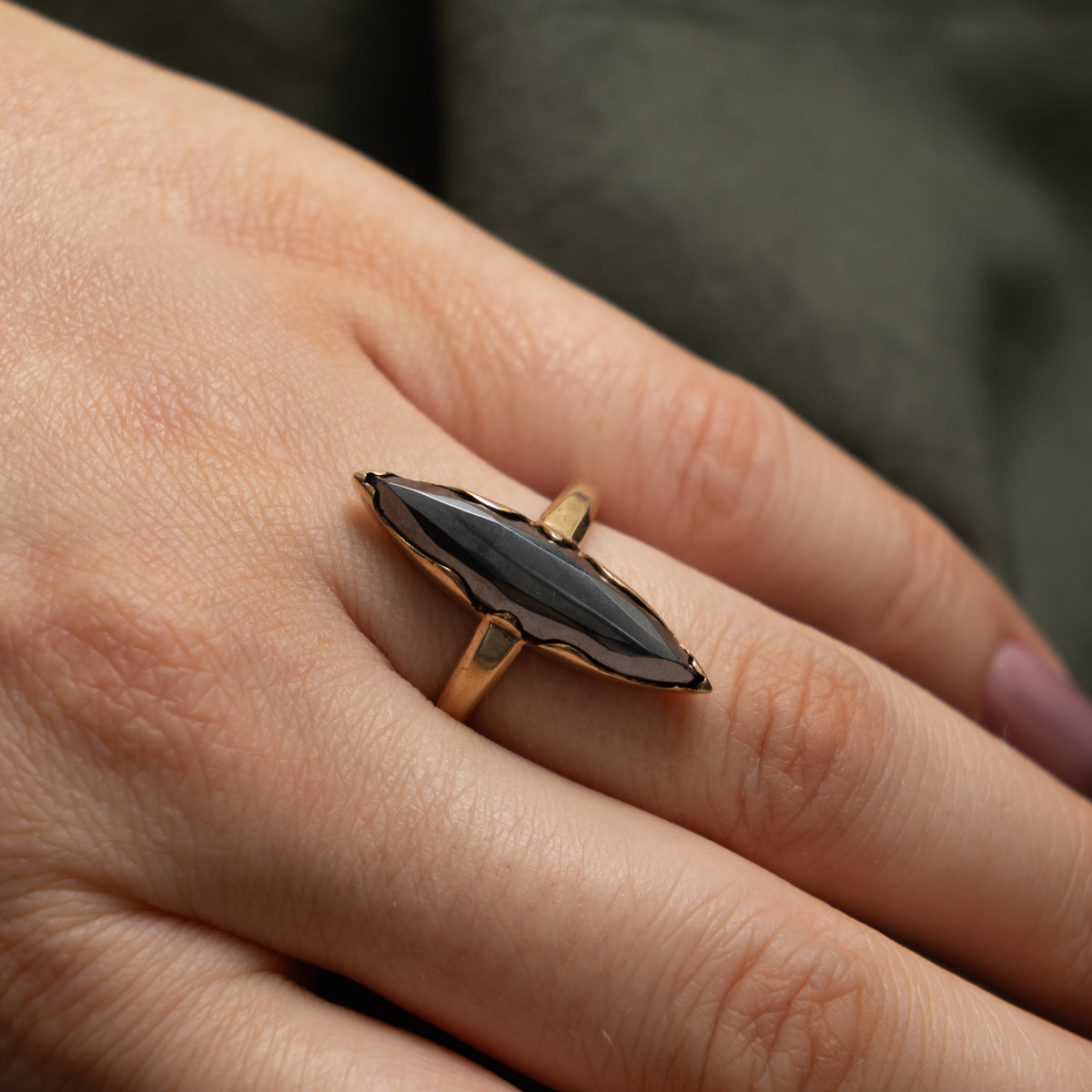 10k Marquise Cut Hematite Navette Ring | 6.00ct | SZ 7.75