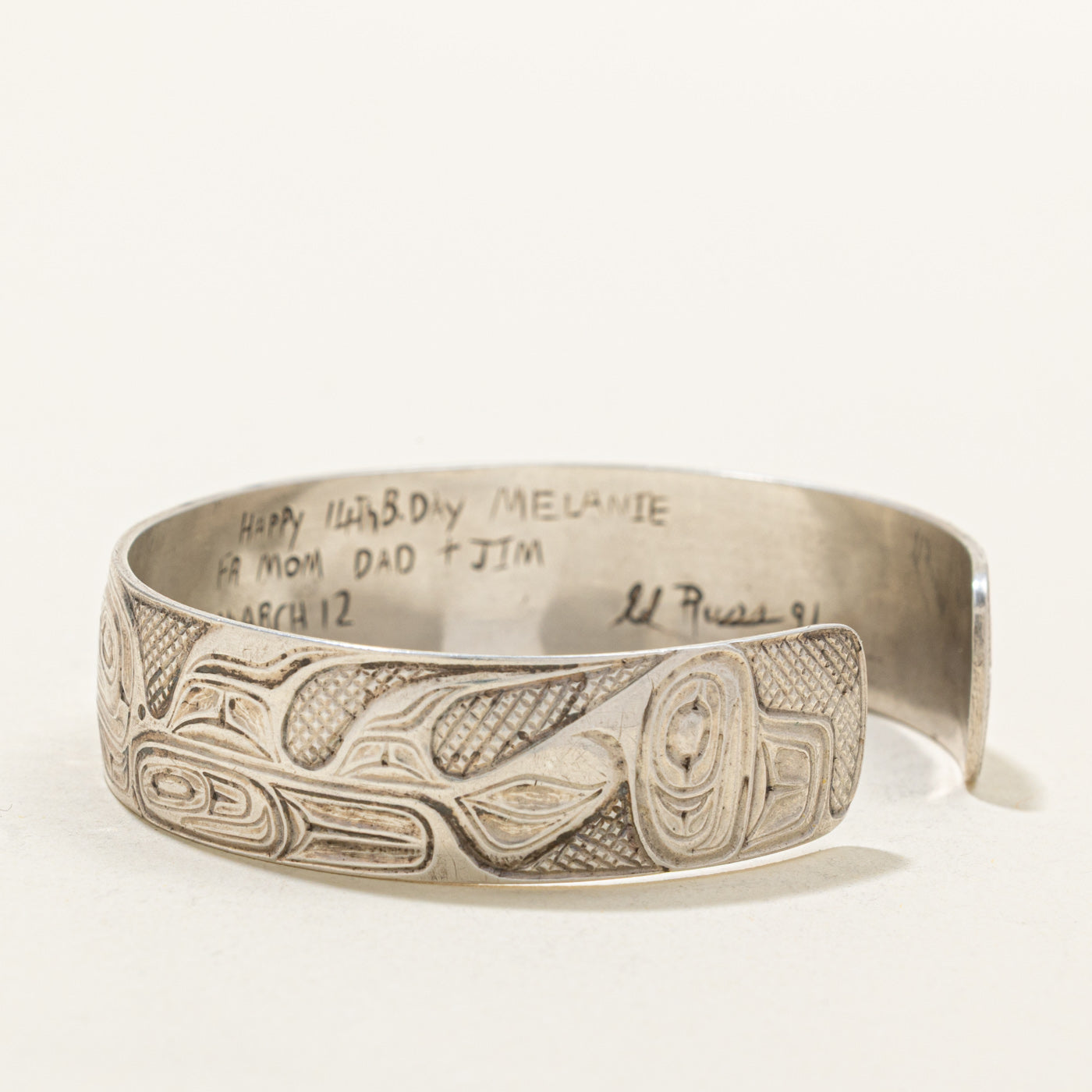 'Ed Russ' Sterling Silver Indigenous Carved Raven & Sea Sculpin Cuff | 6"