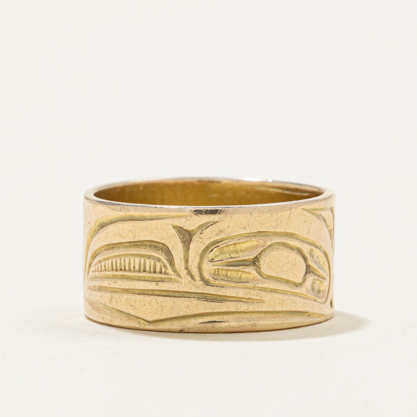 14k Yellow Gold Indigenous Carved Raven Ring | SZ 7.25