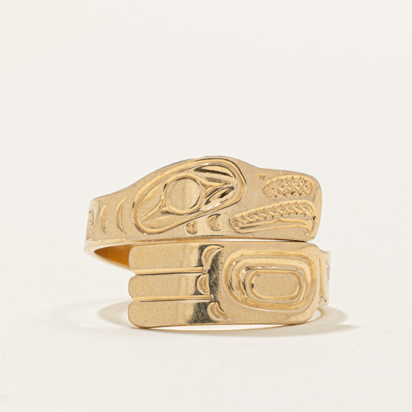 14k Yellow Gold Indigenous Carved Raven Bypass Ring | SZ 9.0