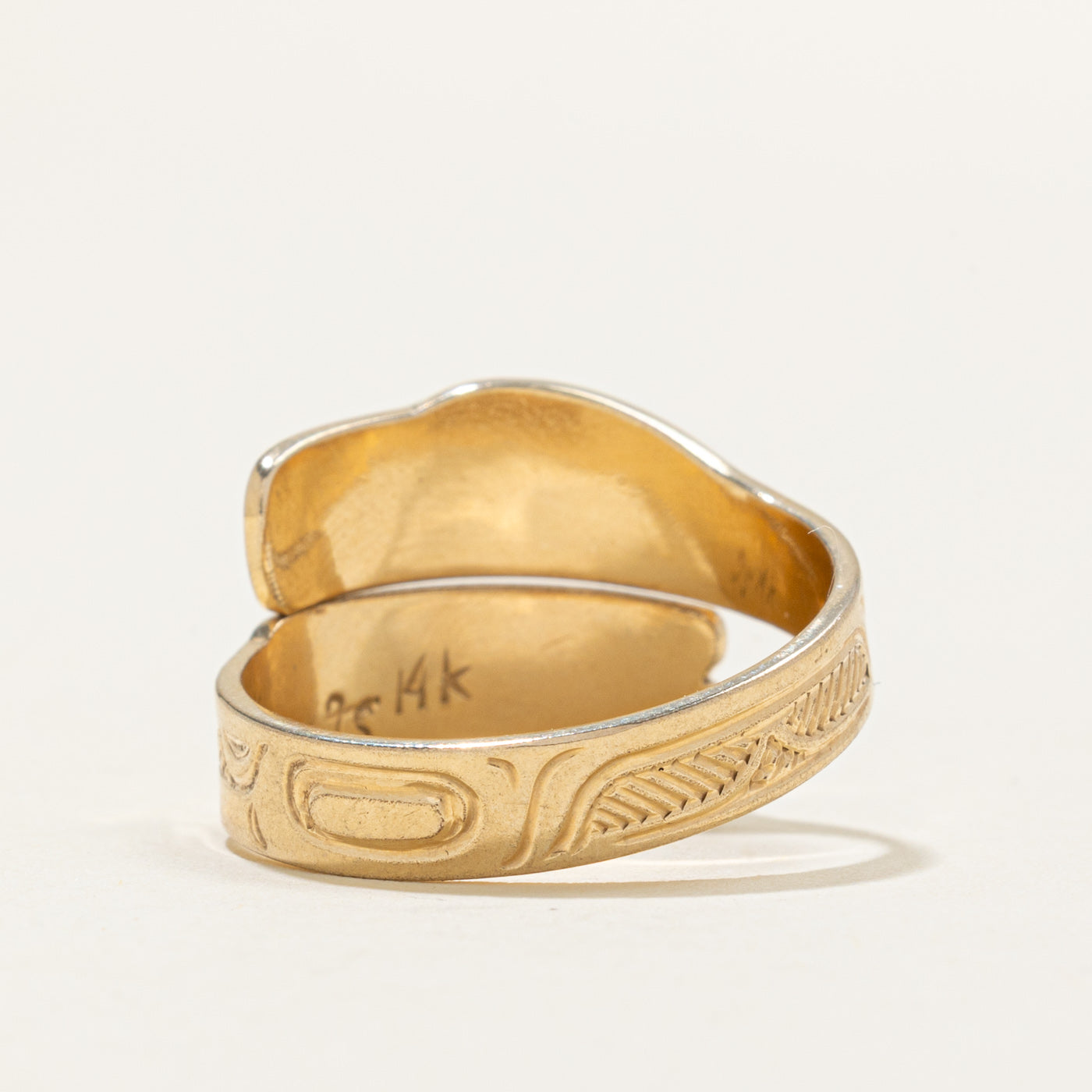 14k Yellow Gold Indigenous Carved Raven Bypass Ring | SZ 9.0