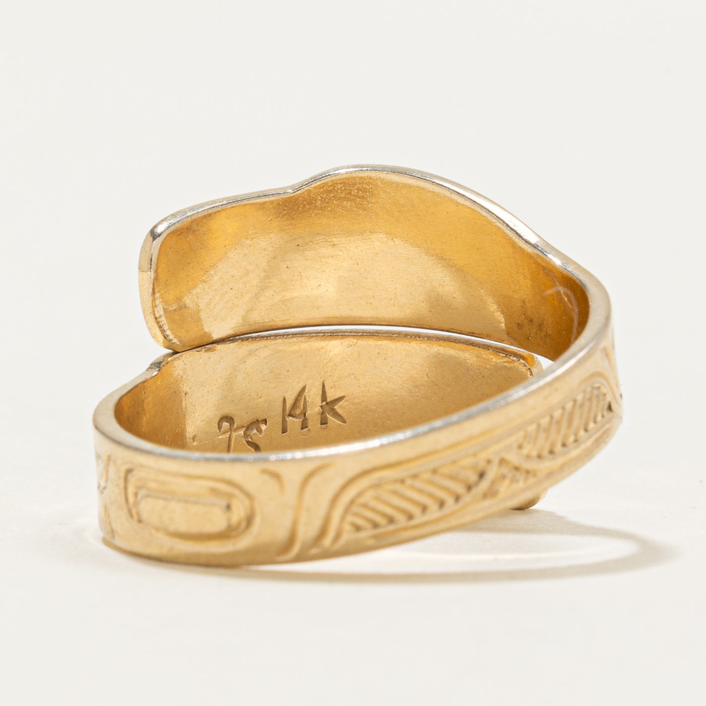 14k Yellow Gold Indigenous Carved Raven Bypass Ring | SZ 9.0