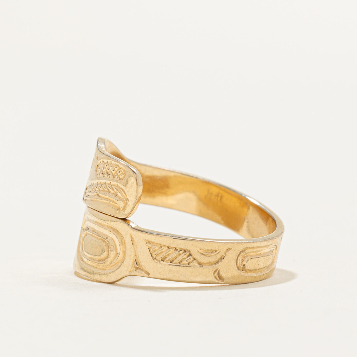 14k Yellow Gold Indigenous Carved Raven Bypass Ring | SZ 9.0