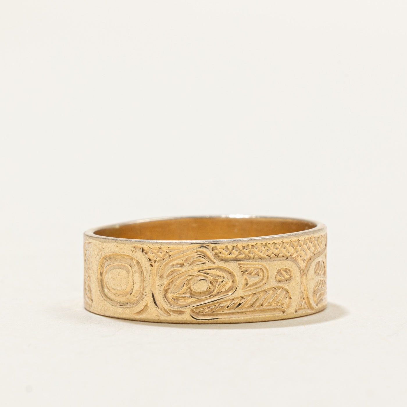 14k Yellow Gold Indigenous Carved Eagle & Raven Split Design Ring | SZ 9.0