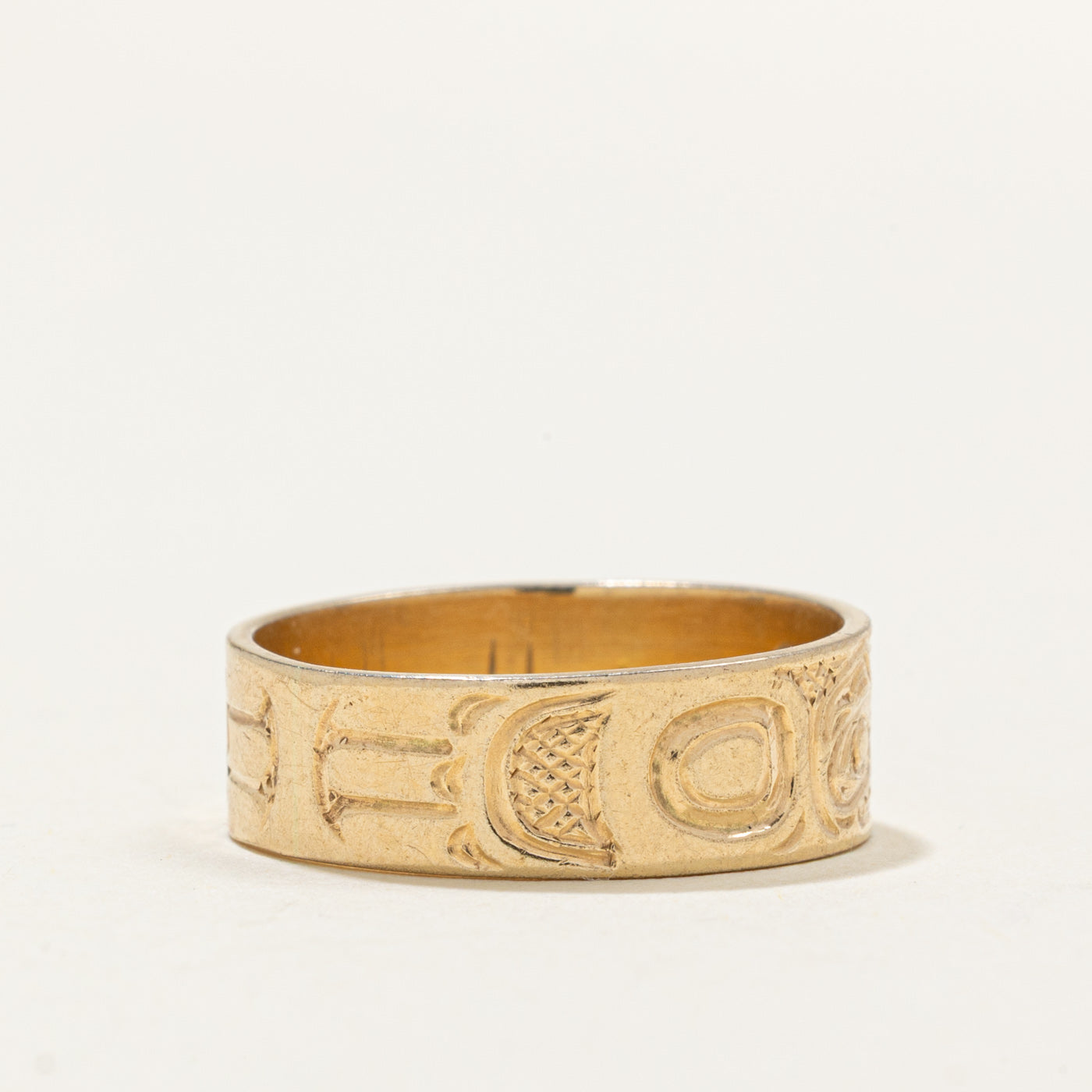 14k Yellow Gold Indigenous Carved Eagle & Raven Split Design Ring | SZ 9.0