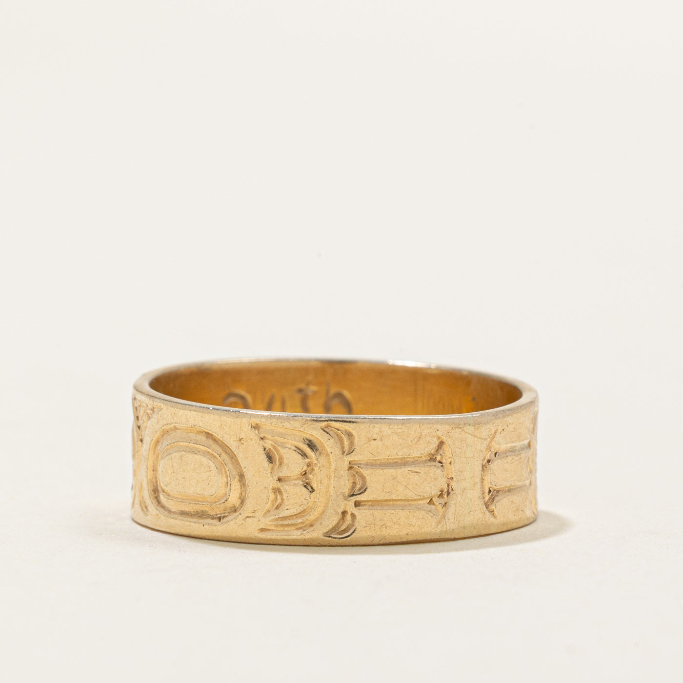 14k Yellow Gold Indigenous Carved Eagle & Raven Split Design Ring | SZ 9.0