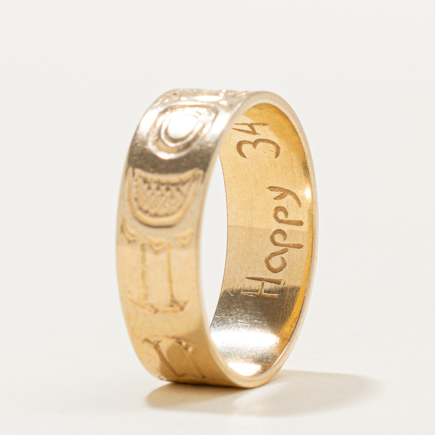 14k Yellow Gold Indigenous Carved Eagle & Raven Split Design Ring | SZ 9.0