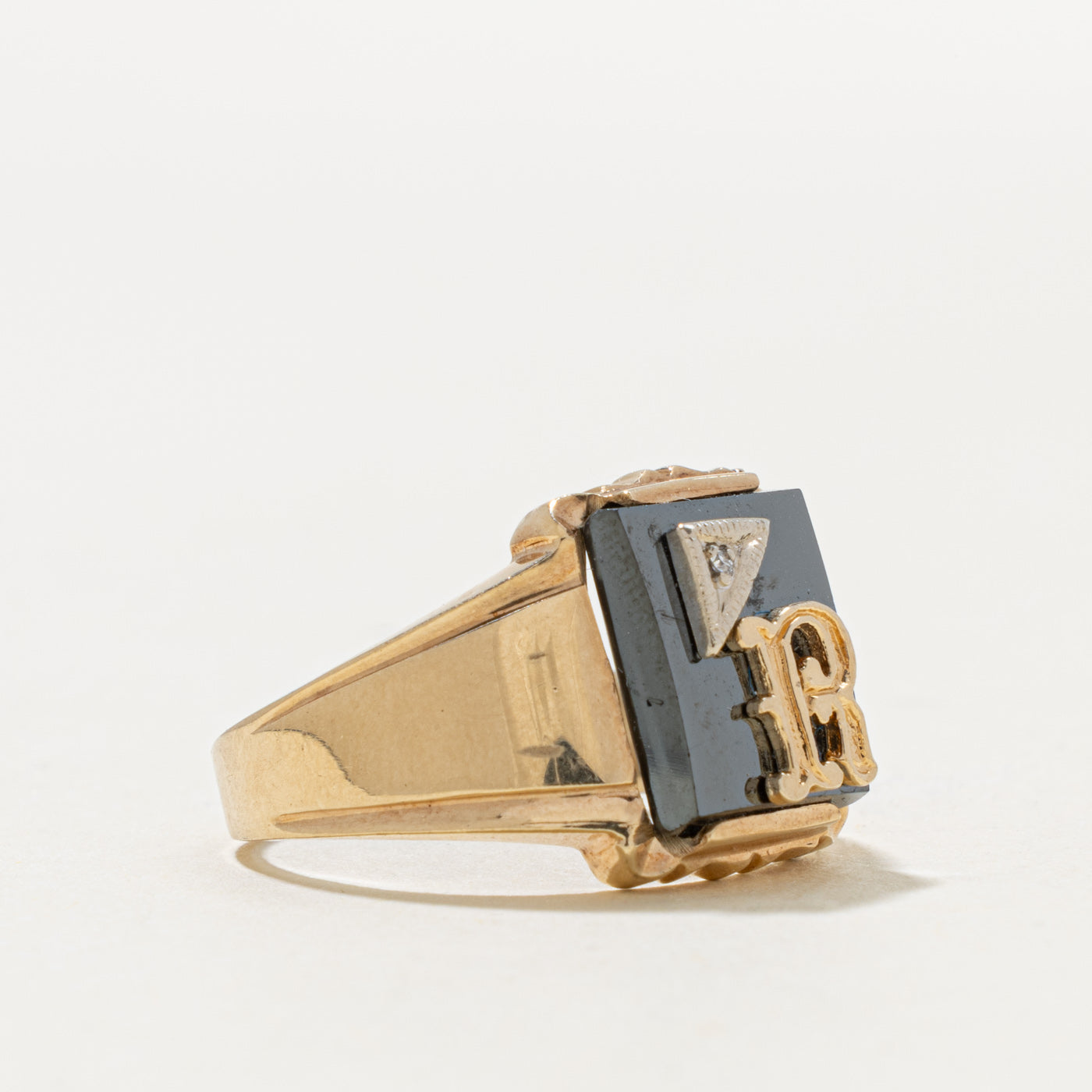 10k Hematite & Diamond "R" Initial Signet Ring | 4.00ct, 0.003ctw | SZ 8.75