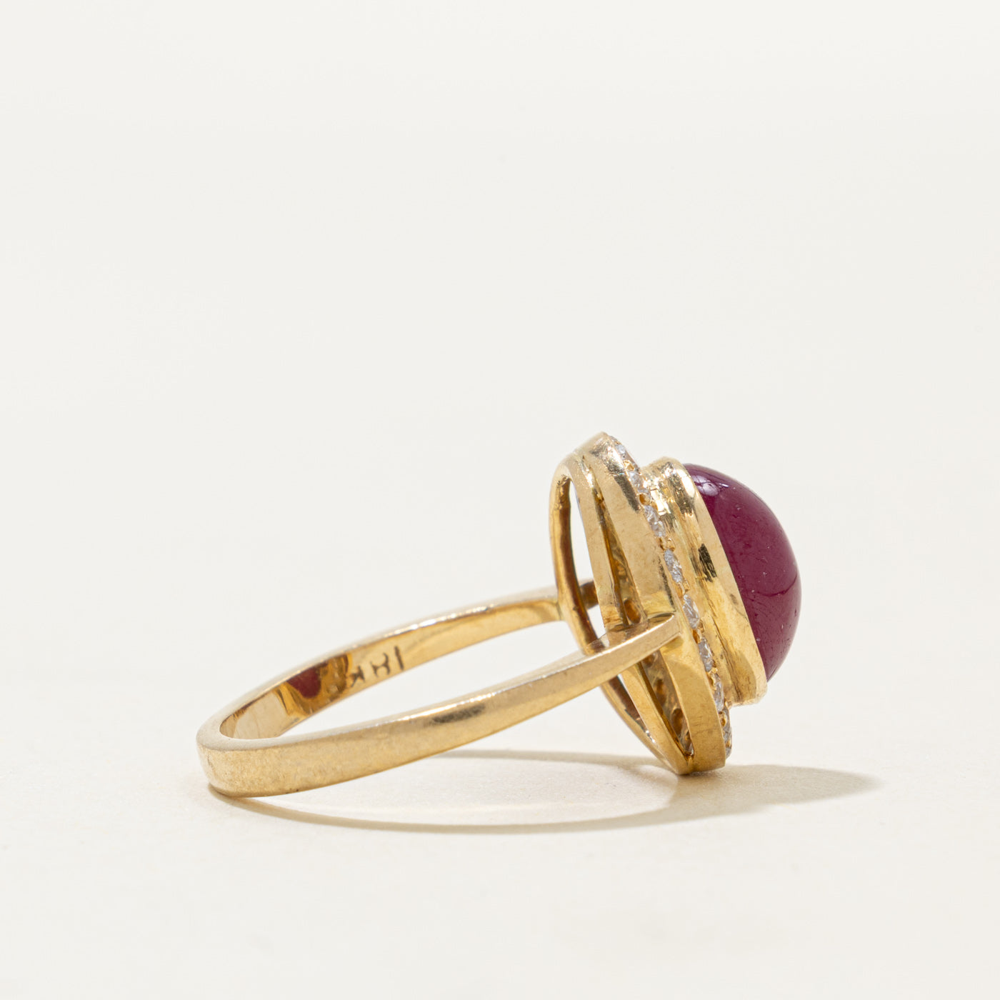 18k Oval Cabochon Ruby & Diamond Halo Ring | 3.80ct, 0.35ctw | SZ 6.5