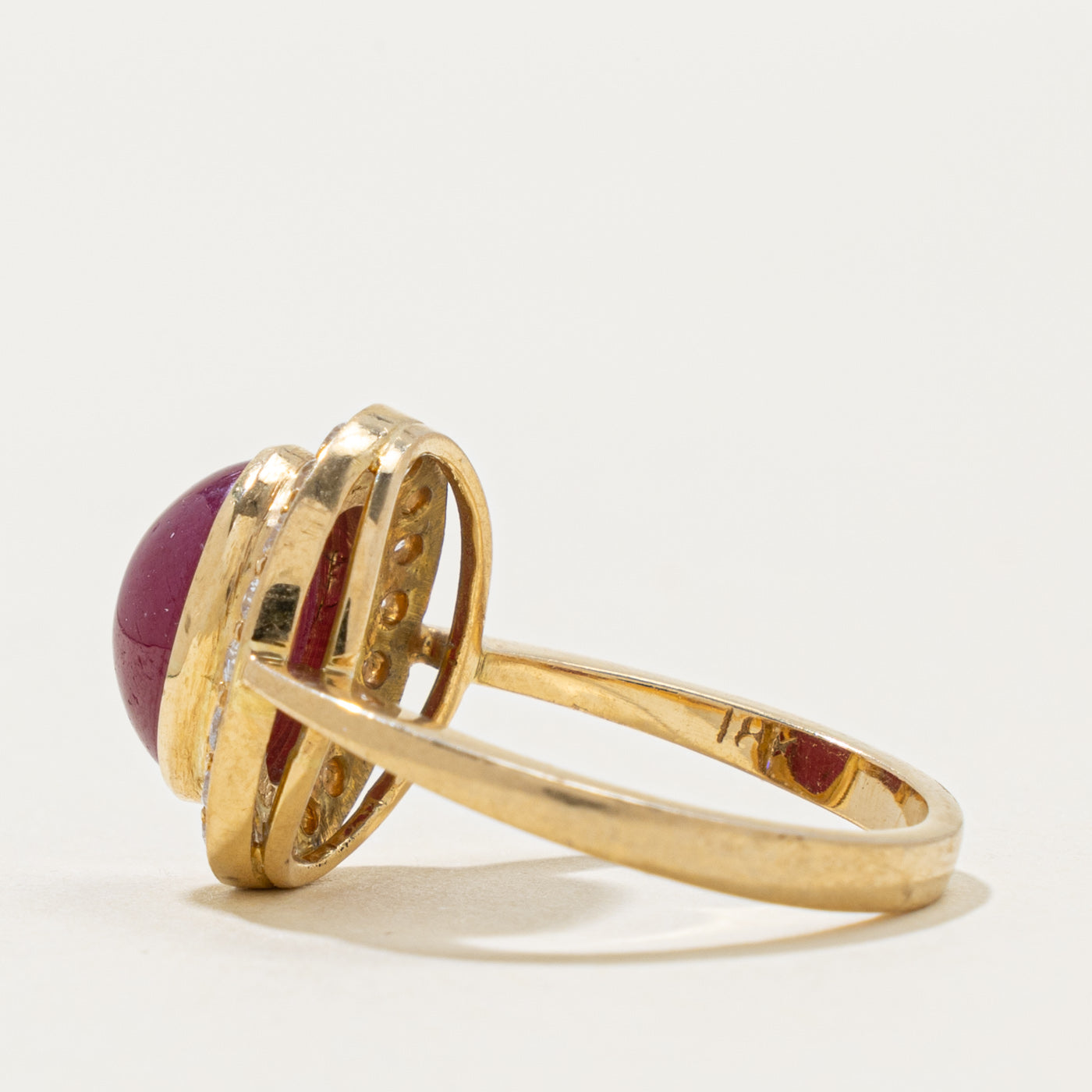 18k Oval Cabochon Ruby & Diamond Halo Ring | 3.80ct, 0.35ctw | SZ 6.5