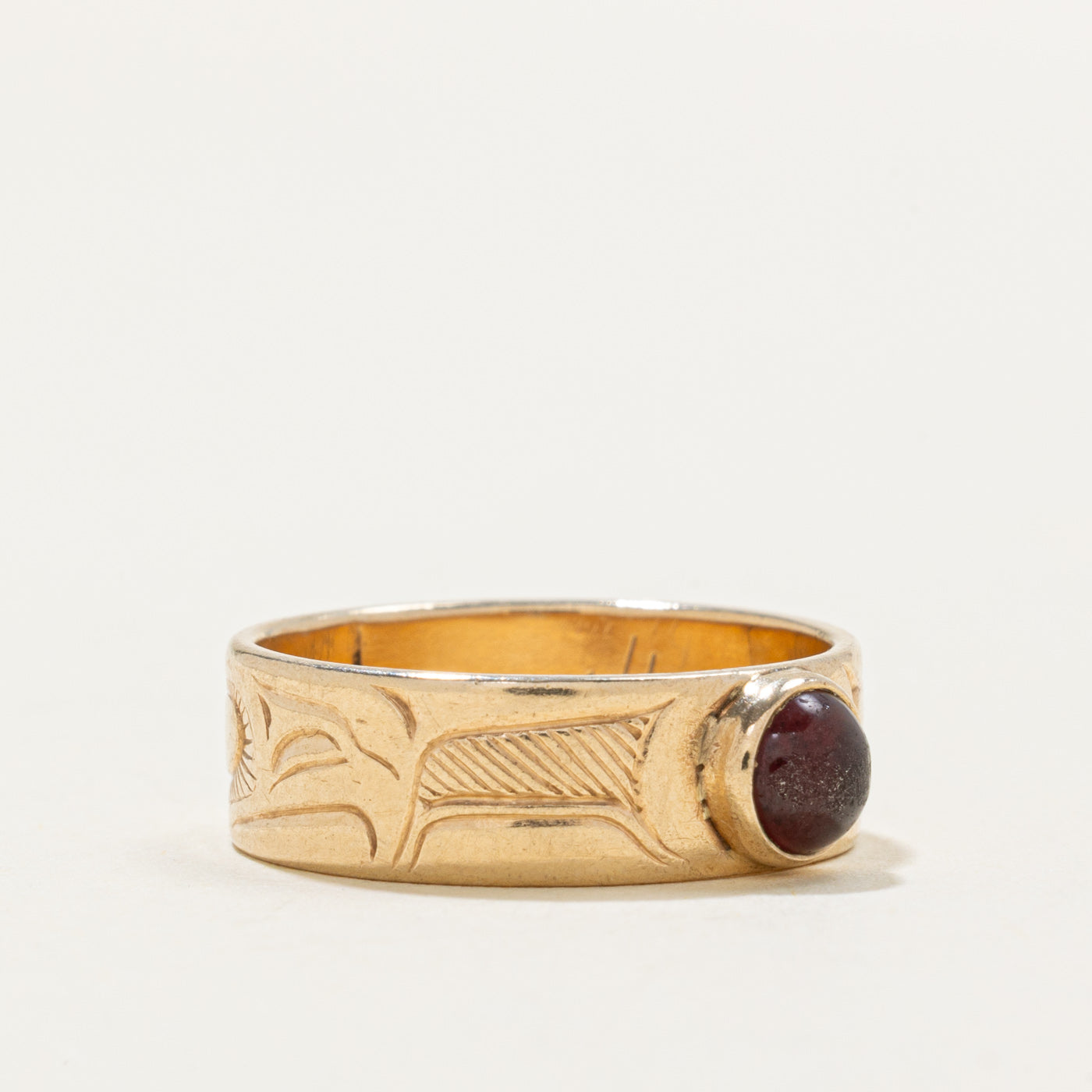 Bezel Set Garnet Indigenous Carved Eagle Ring | 0.5ct | SZ 7.25