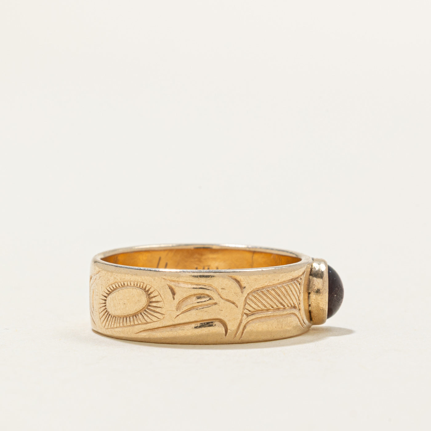 Bezel Set Garnet Indigenous Carved Eagle Ring | 0.5ct | SZ 7.25