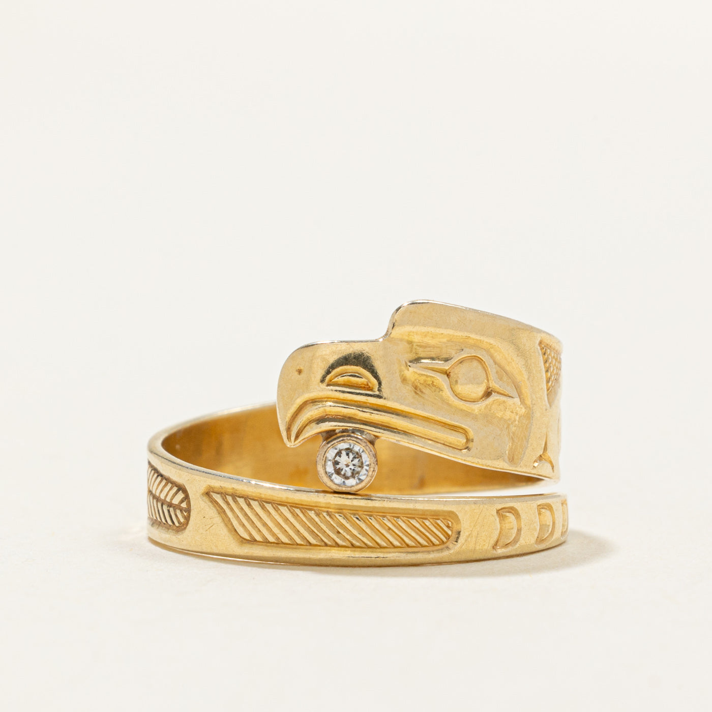 18k Diamond Indigenous Carved Eagle Bypass Ring | 0.05ct | SZ 8.5