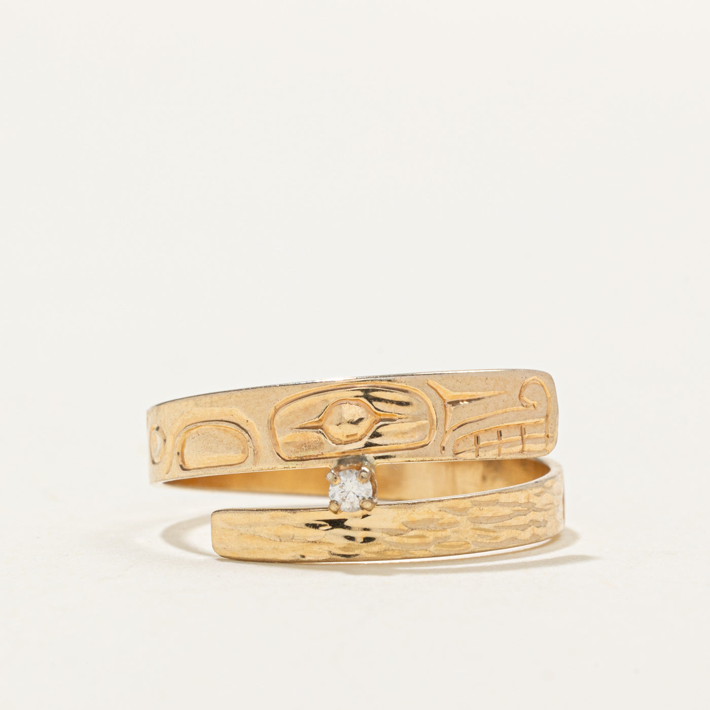 14k Diamond Indigenous Carved Bear Bypass Ring | 0.03ct | SZ 9.0