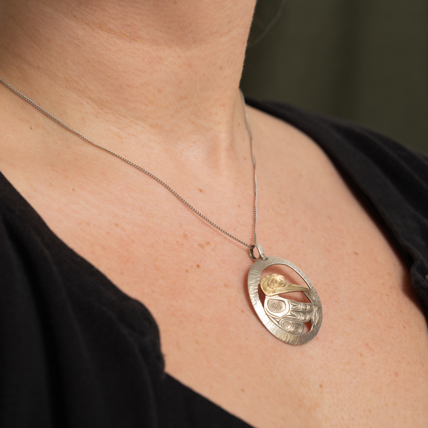 Sterling Silver & 14K Gold Indigenous Carved Hummingbird Pendant