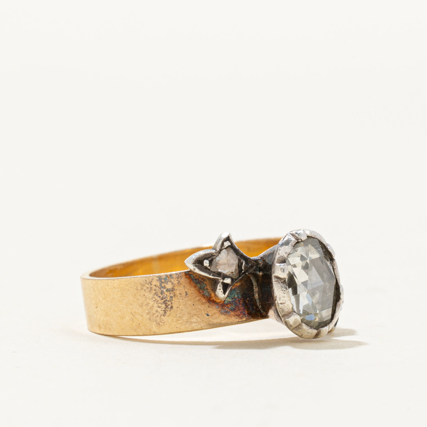 Antique Rose Cut Diagonal Diamond Ring | 0.8ct SI2/I1 J/K, 0.07 ctw | SZ 7.25