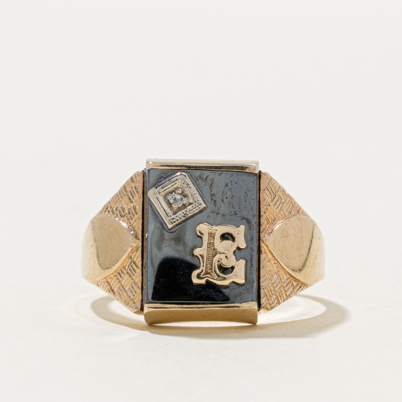 10k Hematite & Diamond "E" Initial Signet Ring | 3.90ct, 0.003ctw | SZ 10.25