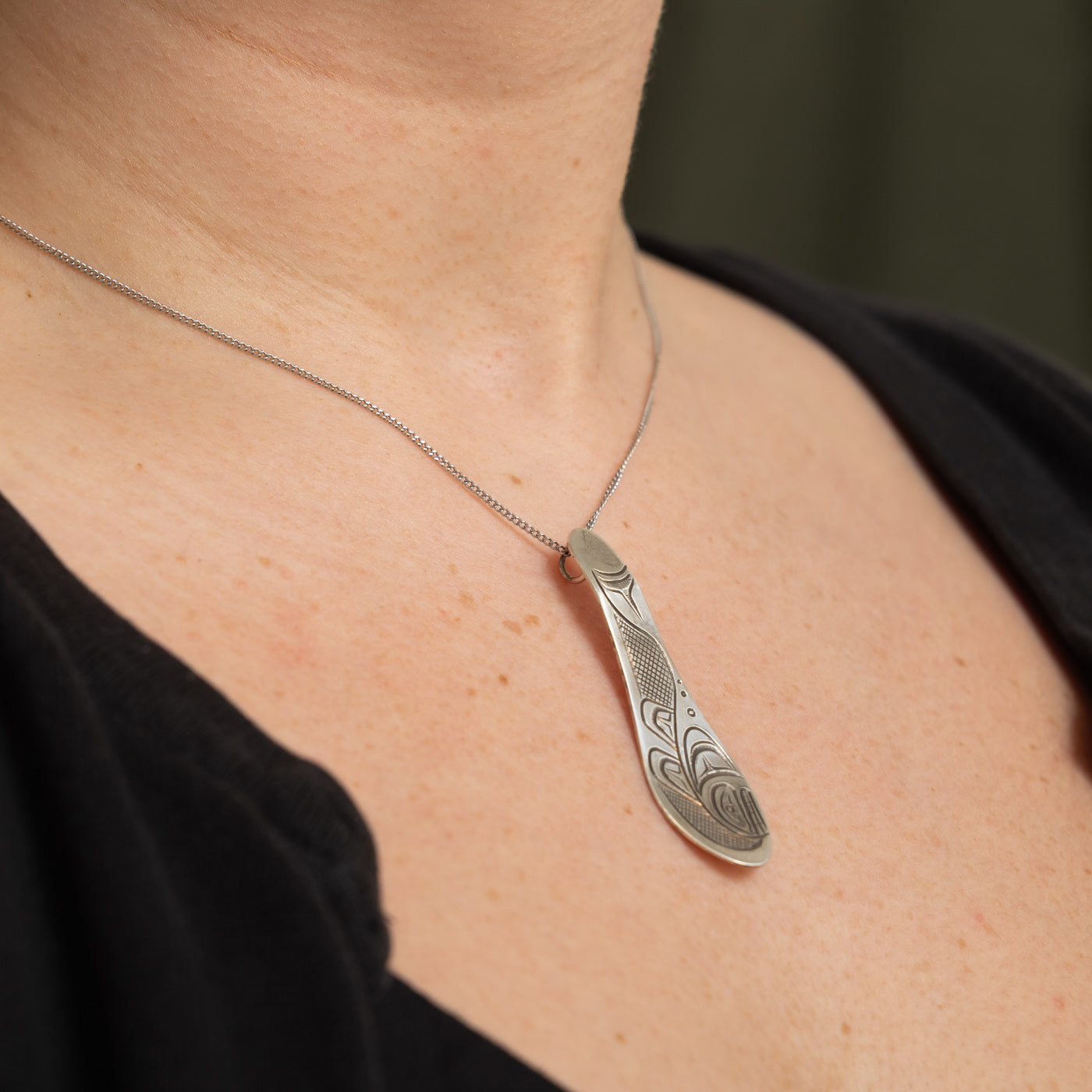 Sterling Silver Indigenous Carved Orca Spoon Pendant