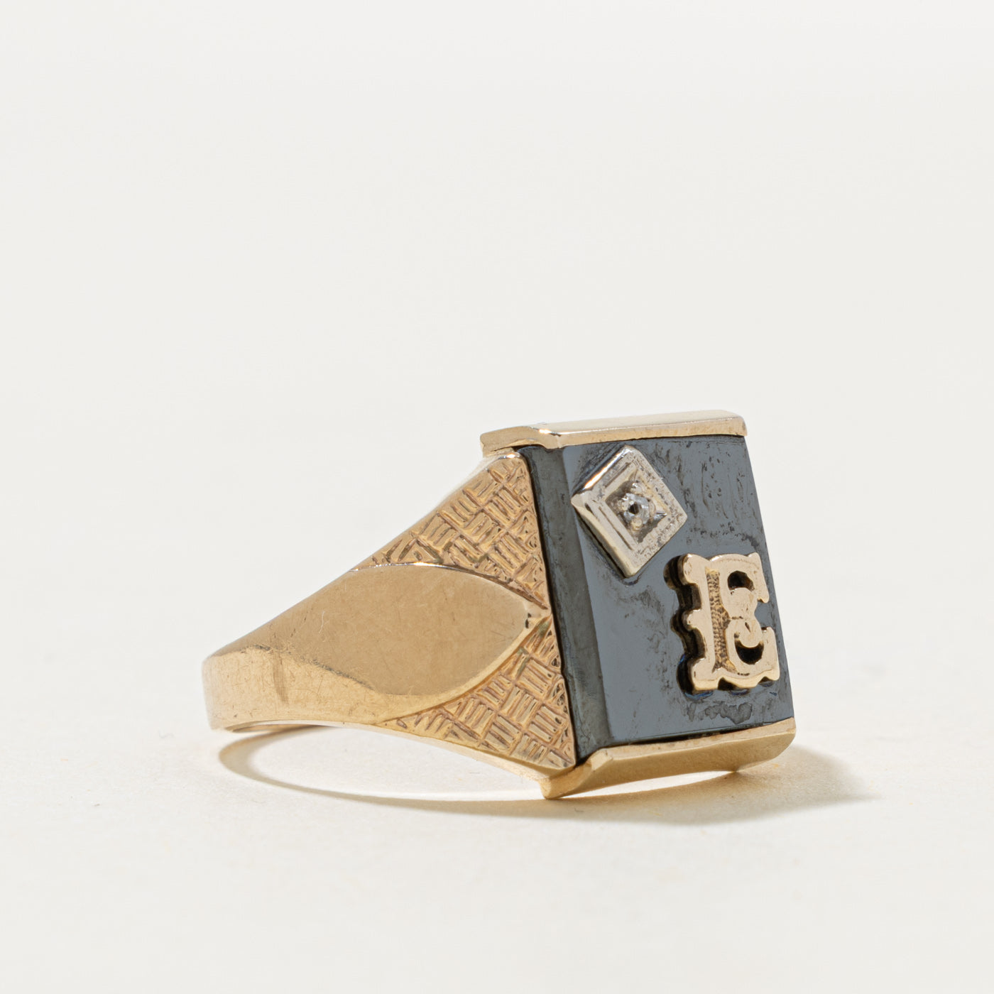 10k Hematite & Diamond "E" Initial Signet Ring | 3.90ct, 0.003ctw | SZ 10.25