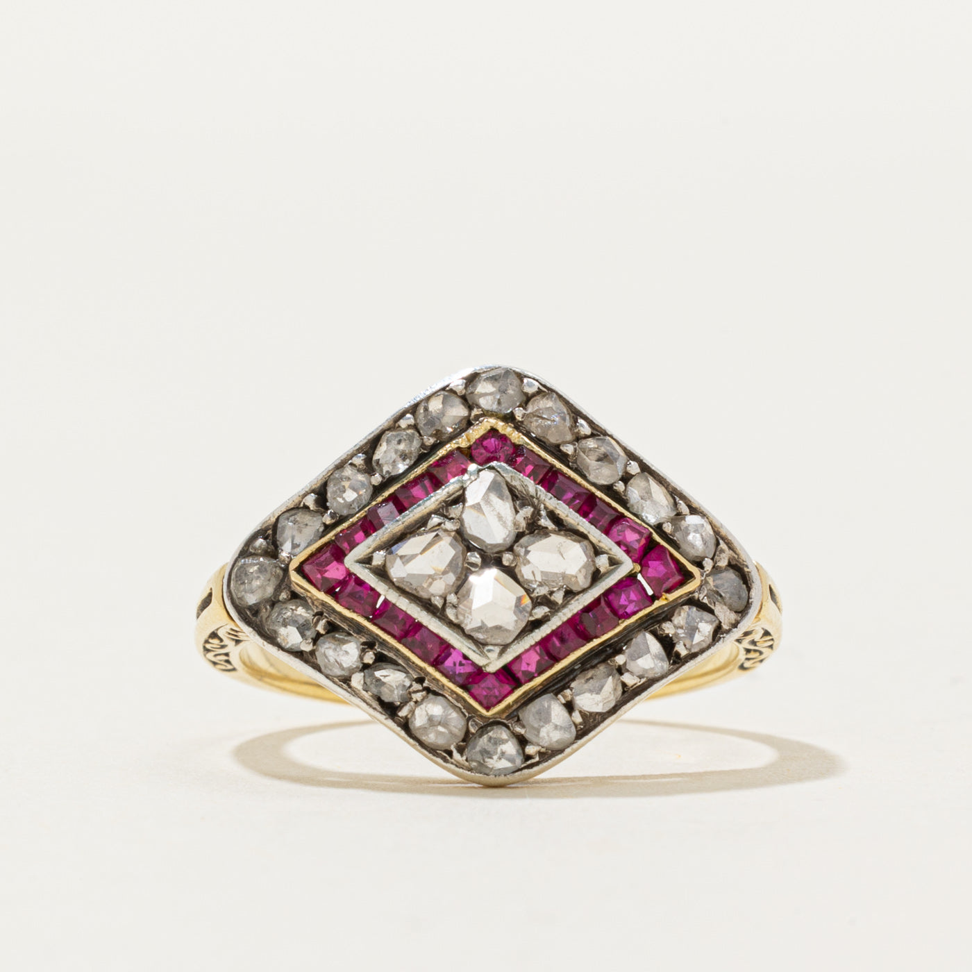 Antique Synthetic Ruby & Rose Cut Diamond Halo Cocktail Ring | 0.30ctw, 0.30ctw | SZ 5.75