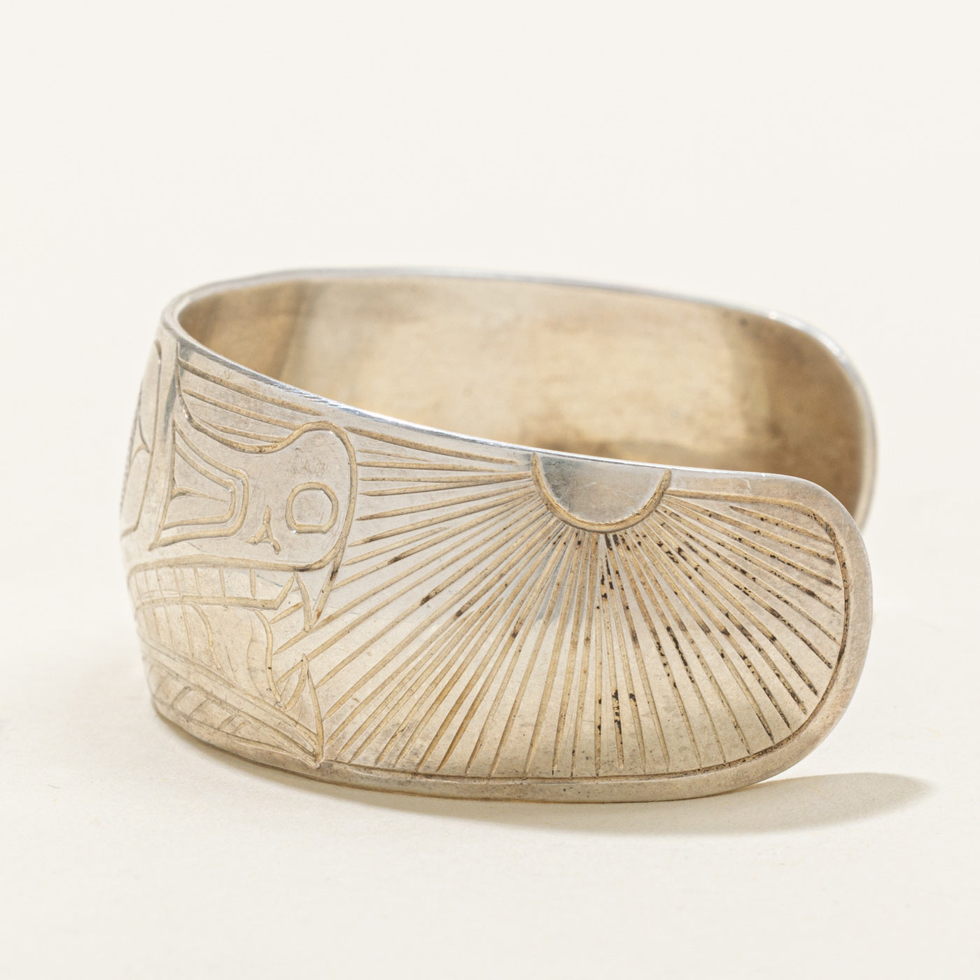 Sterling Silver Indigenous Carved Wolf Cuff | 4.5"