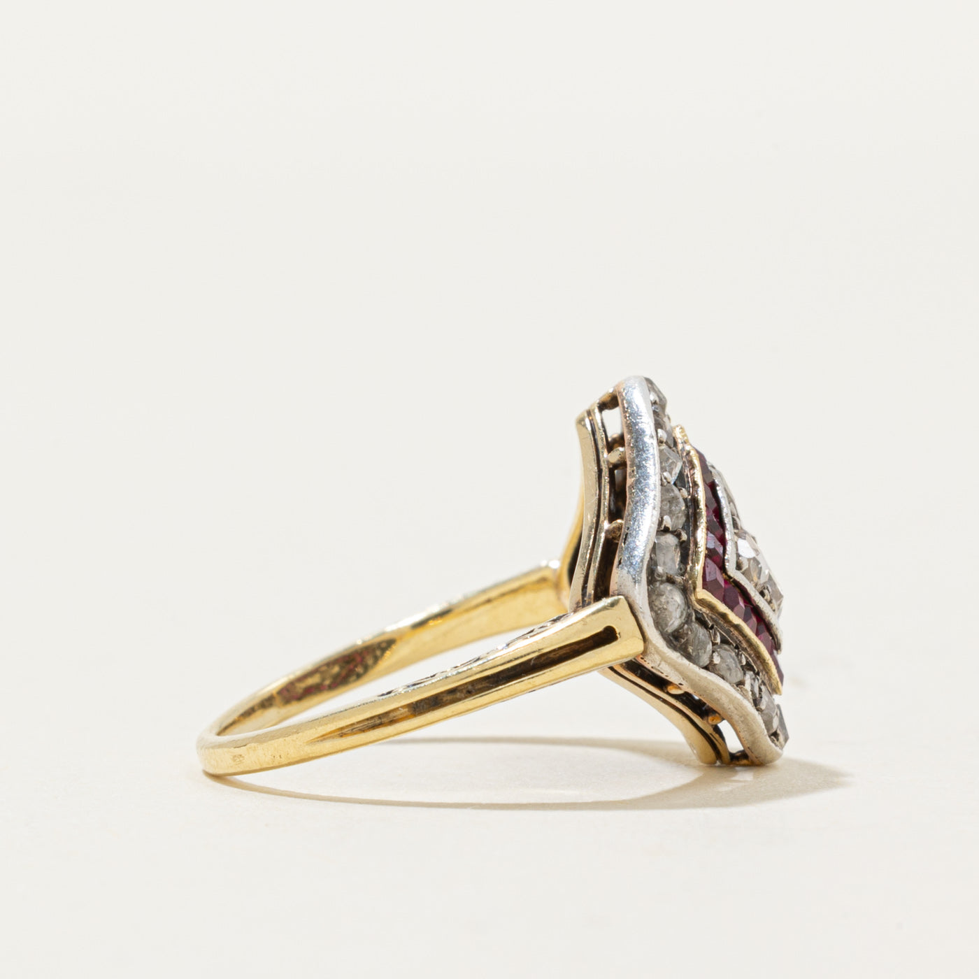 Antique Synthetic Ruby & Rose Cut Diamond Halo Cocktail Ring | 0.30ctw, 0.30ctw | SZ 5.75
