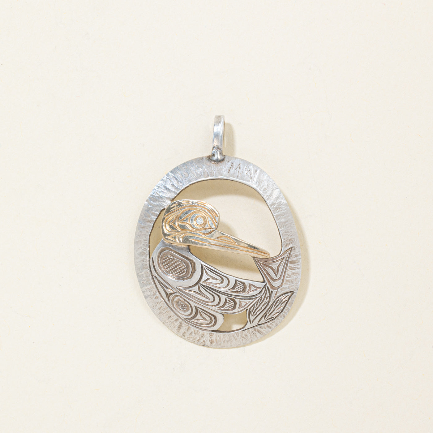 Sterling Silver & 14K Gold Indigenous Carved Hummingbird Pendant