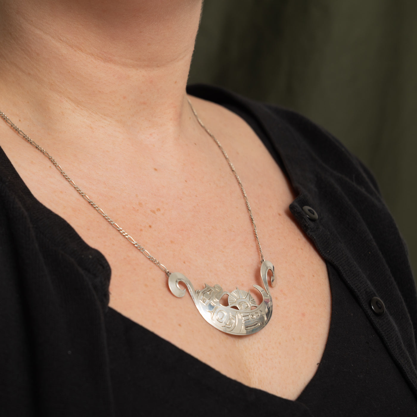 'Harold Alfred' Sterling Silver Indigenous Carved Sea Urchin & Otter Necklace