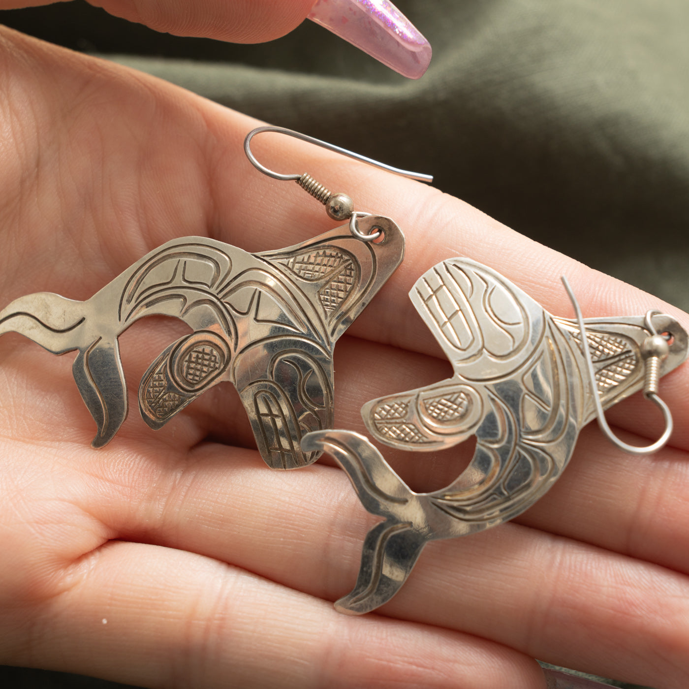 Sterling Silver Indigenous Carved Orca Earrings