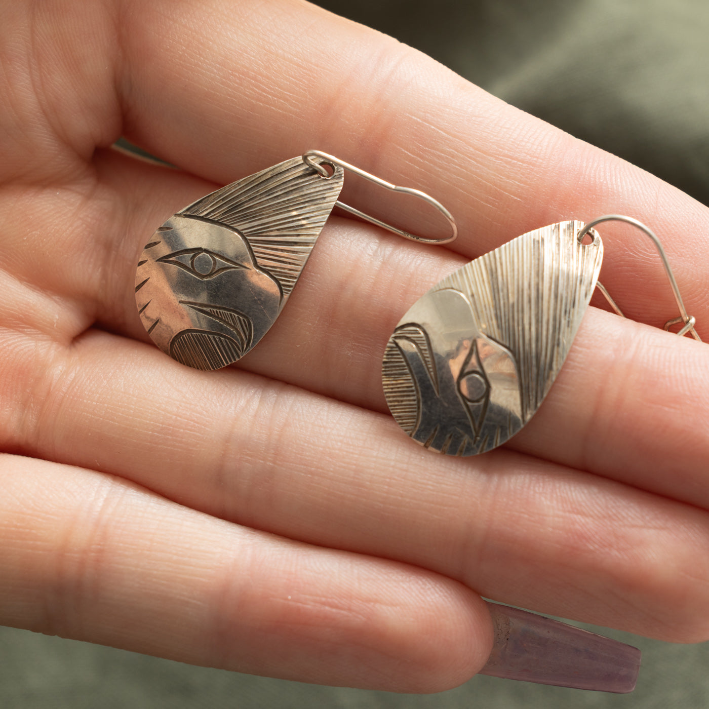 Sterling Silver Indigenous Carved Eagle Earrings