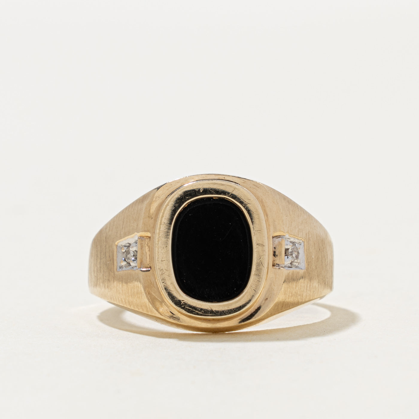 10k Onyx & Diamond Grooved Signet Ring | 0.95ct, 0.01ctw | SZ 9