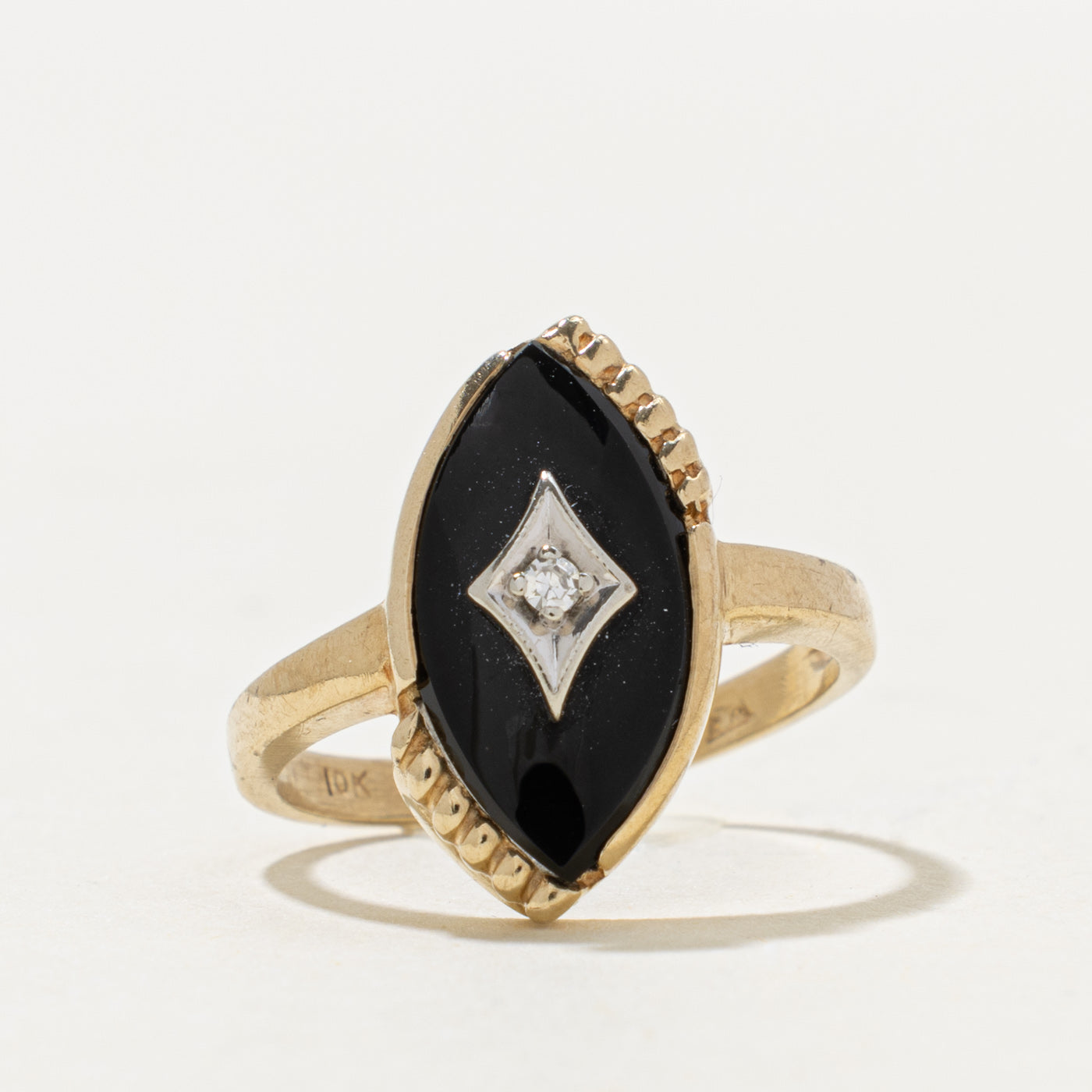 10k Marquise Onyx & Diamond Navette Ring | 1.30ct, 0.01ctw | SZ 6.5