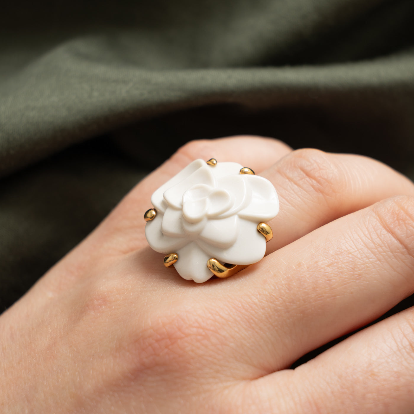 'Chanel' Camelia Ceramic Ring | SZ 6