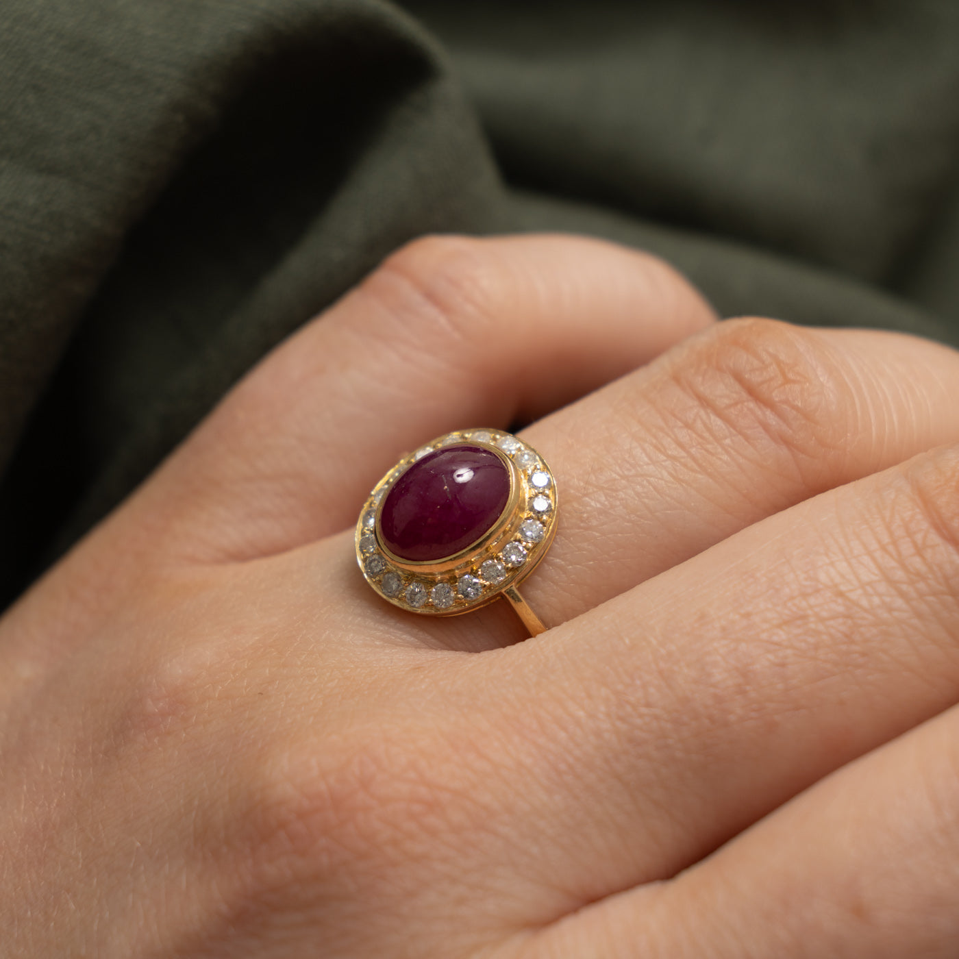 18k Oval Cabochon Ruby & Diamond Halo Ring | 3.80ct, 0.35ctw | SZ 6.5