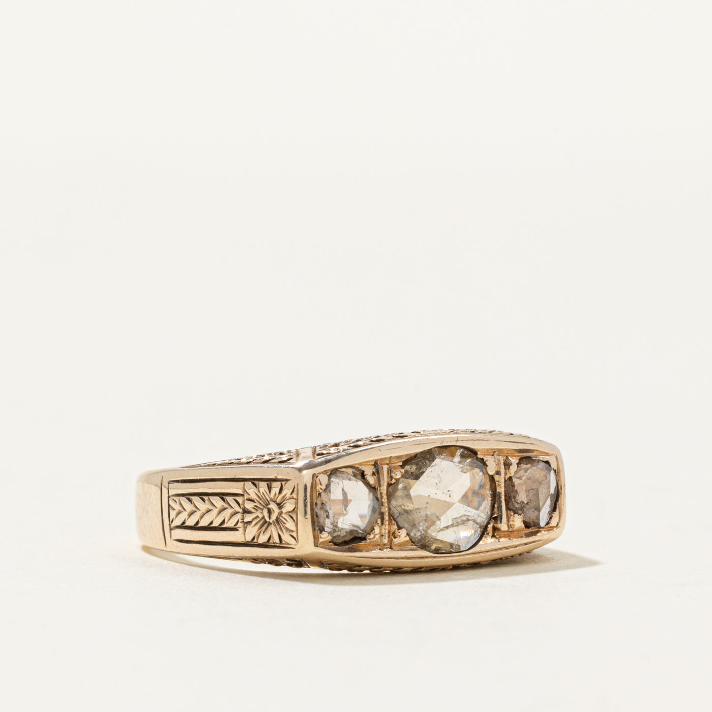 Antique Three Stone Diamond Floral Engraved Ring | 0.65 ctw | SZ 9