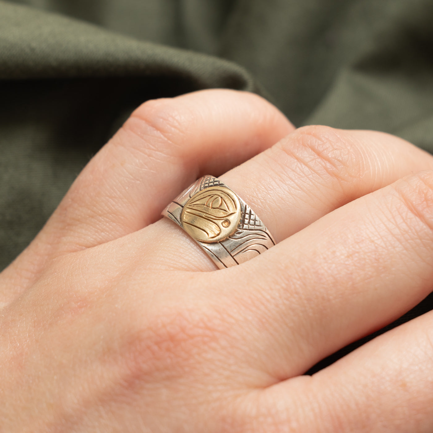 'Nancy Dawson' Sterling Silver & 14k Yellow Gold Indigenous Carved Eagle Ring | SZ 7.5