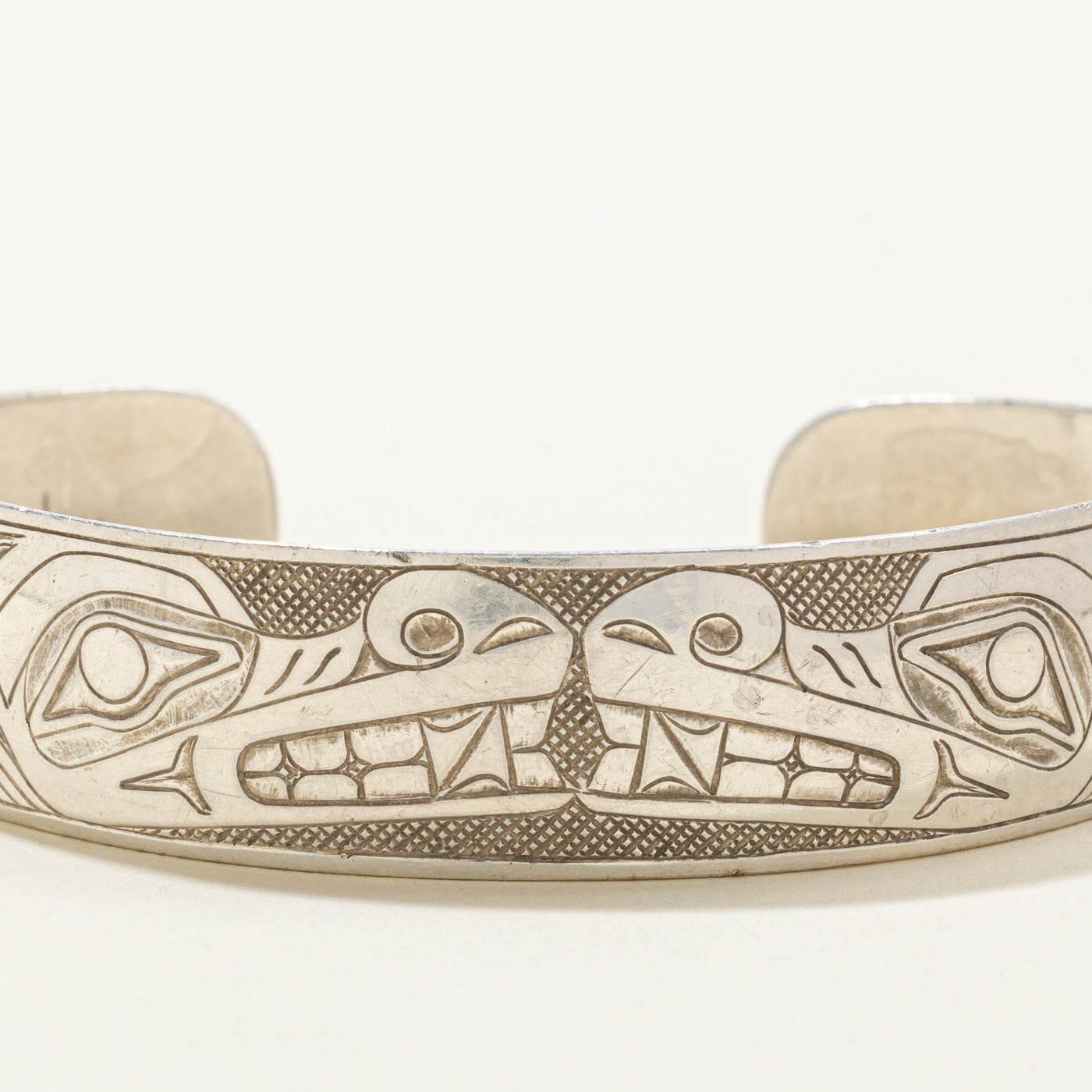 Sterling Silver Indigenous Carved Bear Split Design Cuff | 6.5"