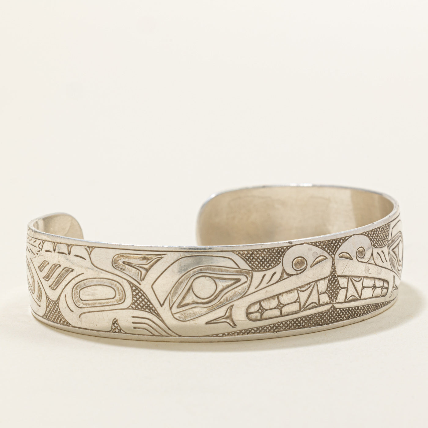 Sterling Silver Indigenous Carved Bear Split Design Cuff | 6.5"
