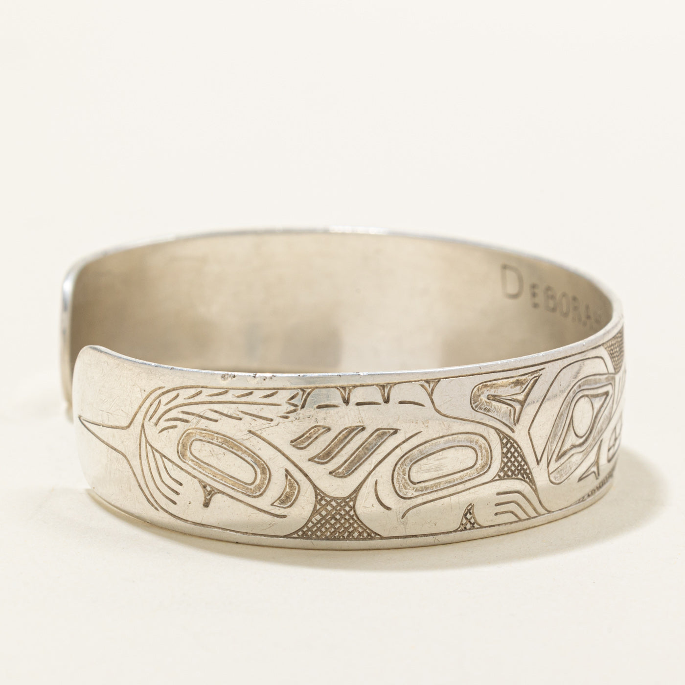 Sterling Silver Indigenous Carved Bear Split Design Cuff | 6.5"