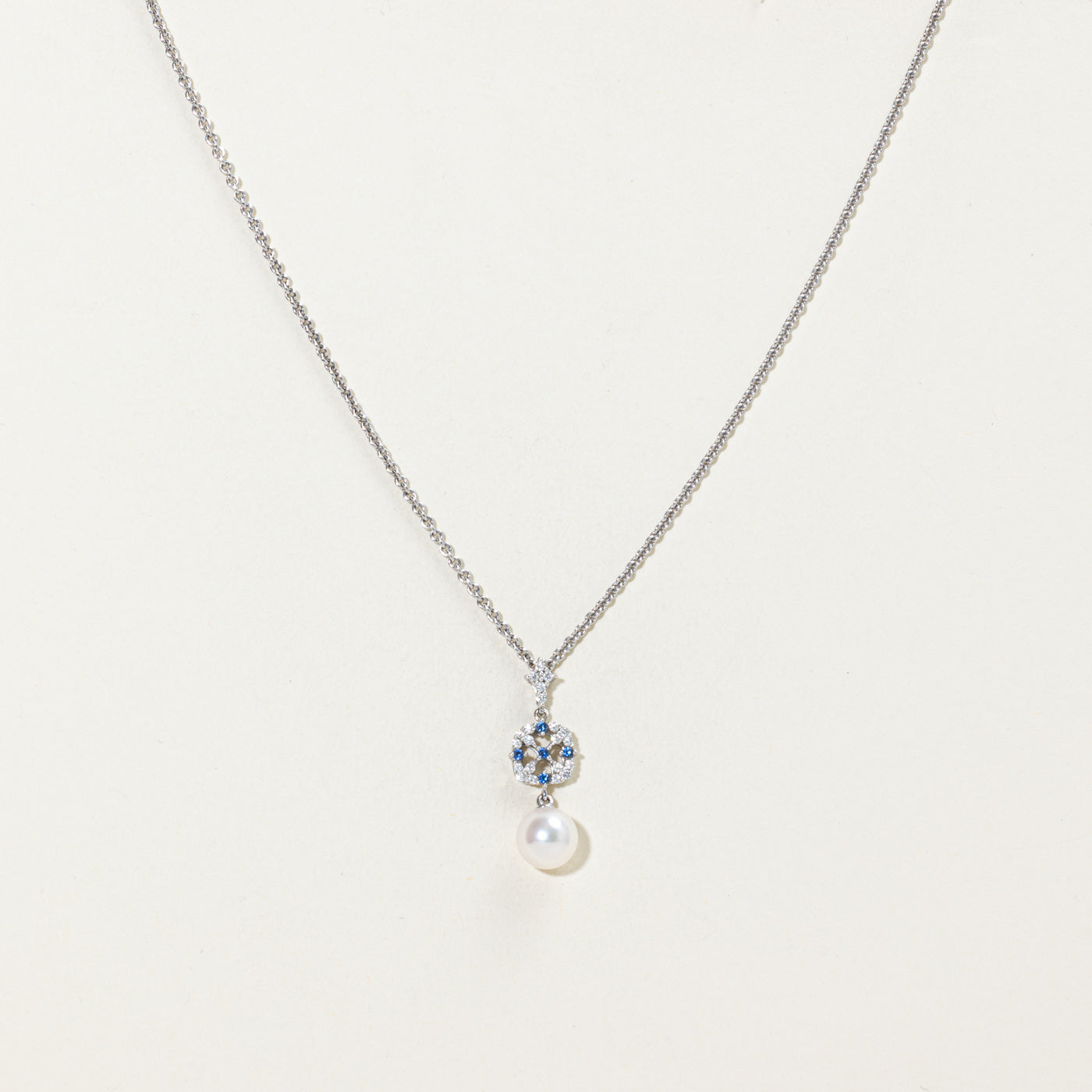 ‘Mikimoto’ 18k Sapphire & Pearl Pendant Necklace | 0.19ctw, 0.10ctw | 17.75"