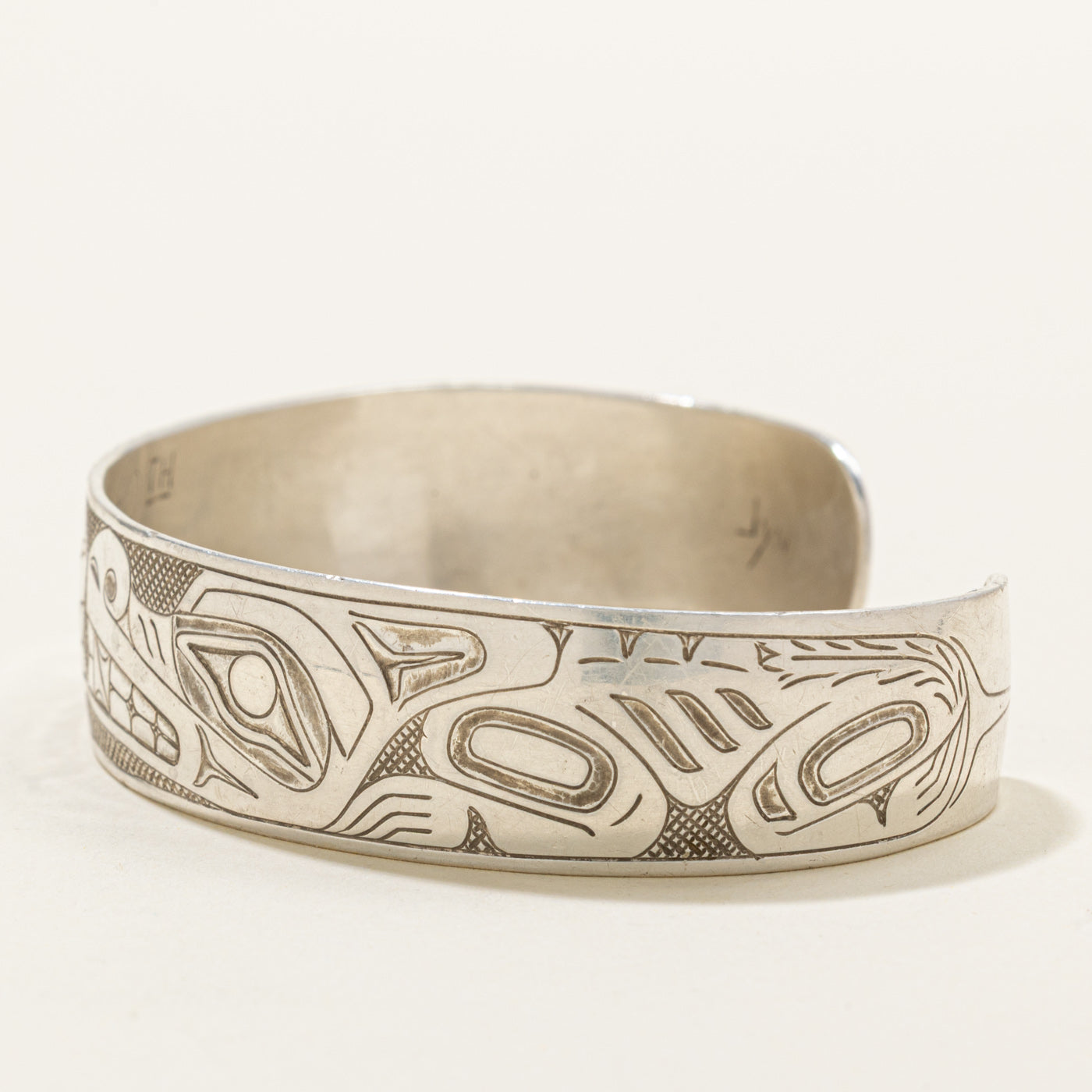 Sterling Silver Indigenous Carved Bear Split Design Cuff | 6.5"