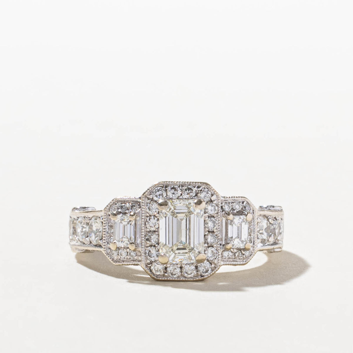 14k Three Stone Emerald Cut Diamond Halo Ring | 0.82ct SI2 G/H, 1.28ctw | SZ 7